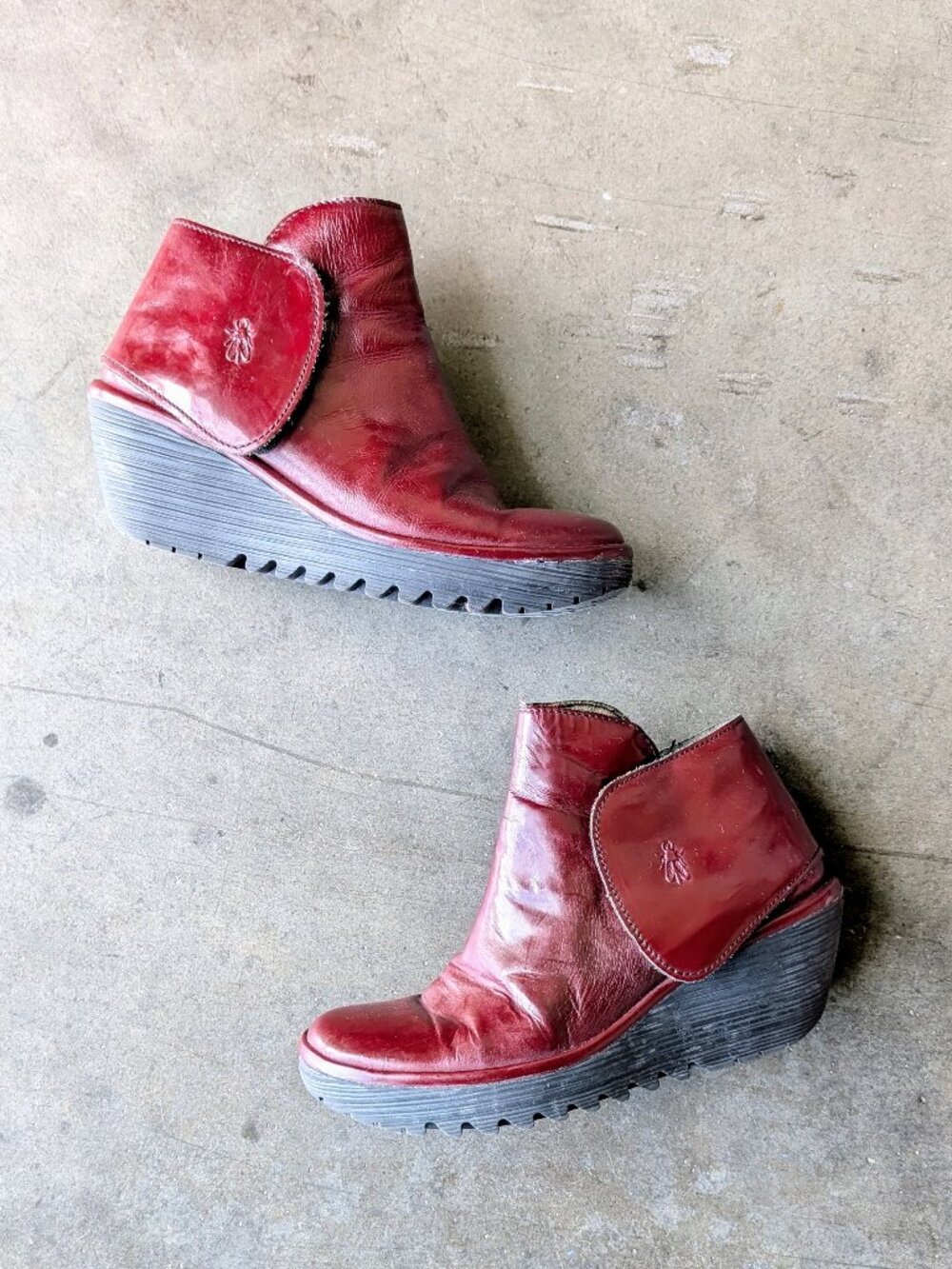 Fly London Yogi Leather Wedge Ankle Boots in Burgundy Red size 40